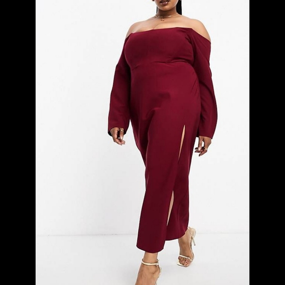 ASOS Curve Dresses & Skirts - BNWT ASOS DESIGN CURVE EXCLUSIVE BARDOT CORSET DETAIL MIDI DRESS IN WINE